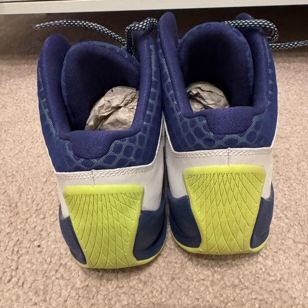 Jordan Men's White Navy Lime Green Basketball Sneakers - Picture 5 of 7
